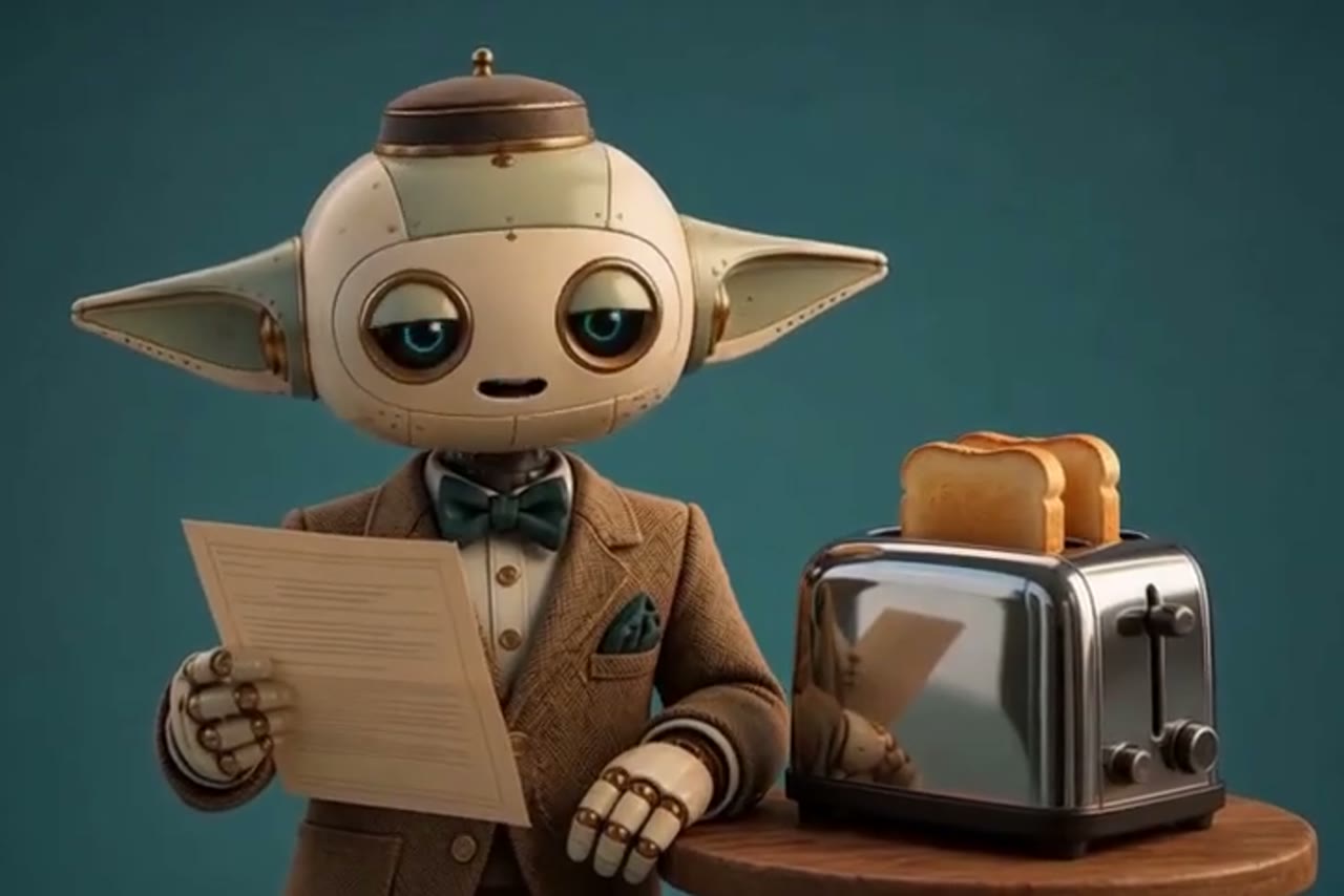 Yoda, a Feral bot in a tweed jacket, reading a page beside a toaster